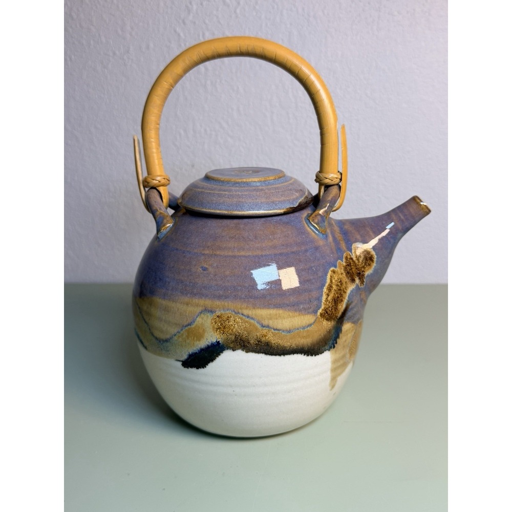 Signed Studio Pottery Stoneware Teapot Bamboo Handle Drip Glaze Art Pottery
